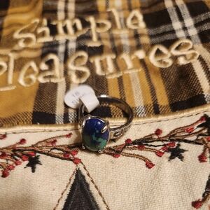 Silver Ring with Green-Blue Oval Stone Accent